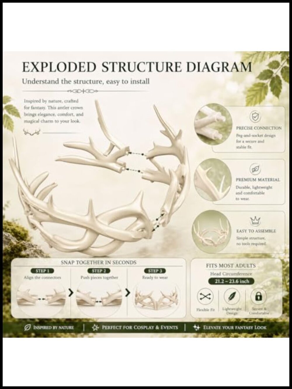 Elf Antler Headpiece - Fantasy Cosplay Crown for Renaissance Fair, LARP - Picture 5 of 6